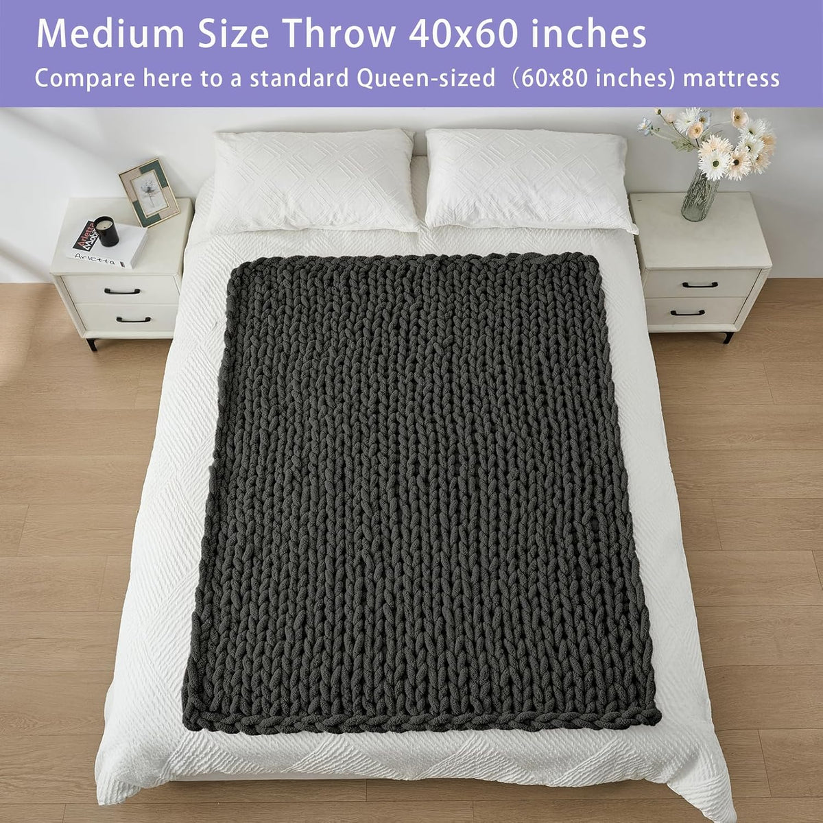 Bigacogo Chunky Knit Throw Blanket for Couch, 40x60 inches, 100% Hand Knitted with Thick Jumbo
