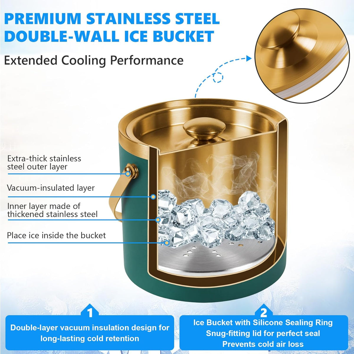 Ice Bucket, Green Ice Bucket 3L with Silicone Sealing Ring Double-Wall Vacuum Insulation Champagne