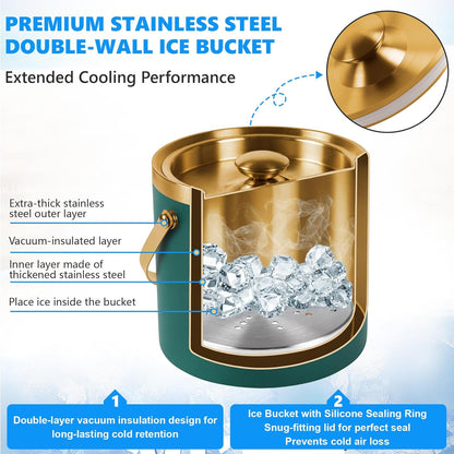 Ice Bucket, Green Ice Bucket 3L with Silicone Sealing Ring Double-Wall Vacuum Insulation Champagne