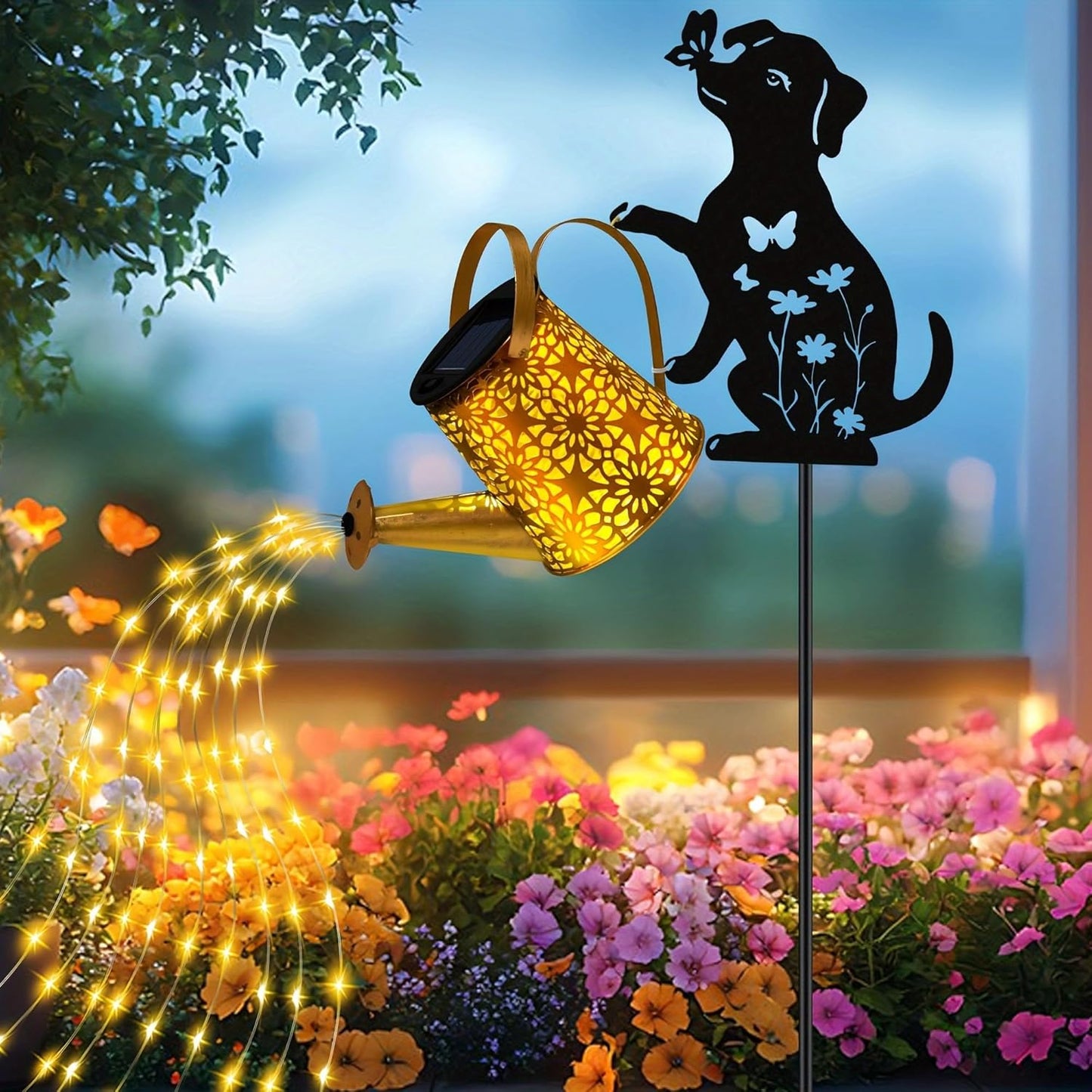 Solar Lights Outdoor Decorative, Watering Can with Cascading Lights, with Dog Silhouette Garden