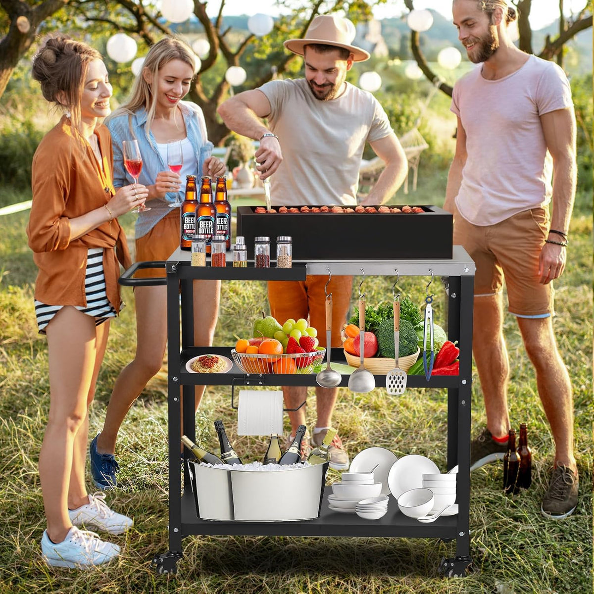 Outdoor Grill Cart Table,Indoor and Outdoor Pizza Oven Table,with 4 Movable Total Lock Casters