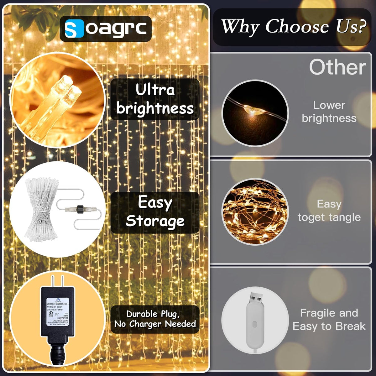 200 LED Curtain String Lights 9.8 * 6.6FT Plug in Fairy with Timer and 8 Modes, Waterproof Window