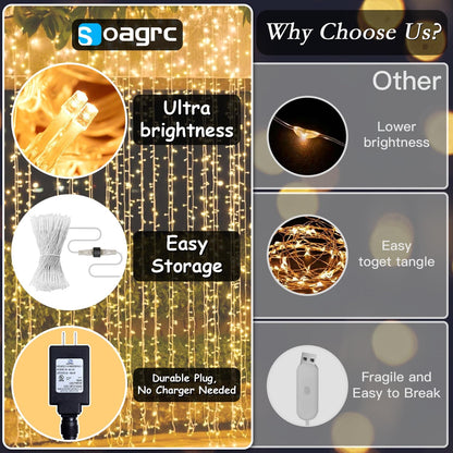 200 LED Curtain String Lights 9.8 * 6.6FT Plug in Fairy with Timer and 8 Modes, Waterproof Window