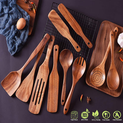 Wooden Spoons for Cooking,GUDAMAYE 10 PCS Wooden Kitchen Utensils Set,Wooden Cooking Utensils For