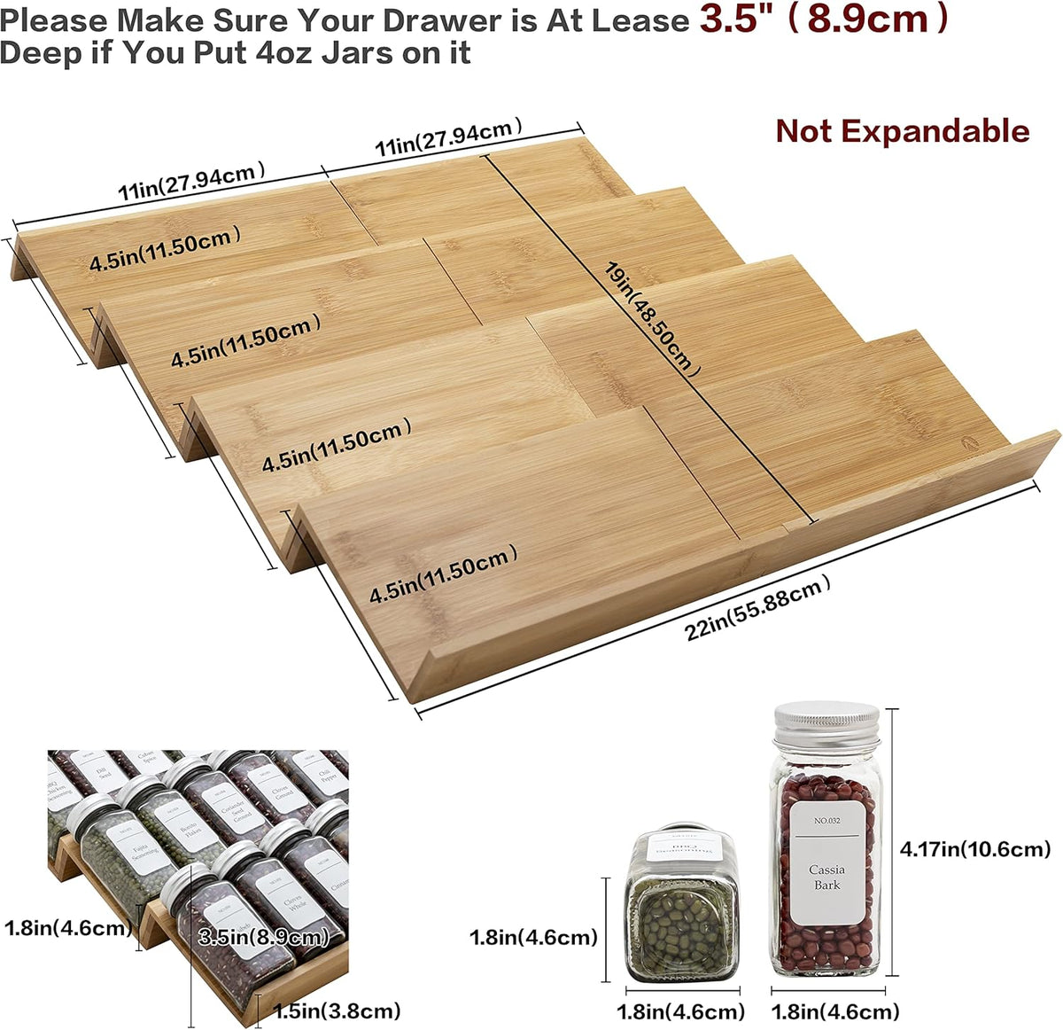 Bamboo Spice Rack Drawer Organizer - 8 Pieces Set- 11" Wide Per Piece - Combine Pieces Into 22"