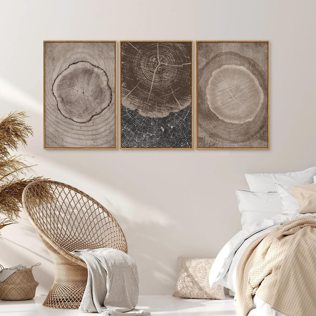 SIGNINART Beige Tree Ring Framed Canvas Wall Art Set, Abstract Black and White Rustic Wood Wall