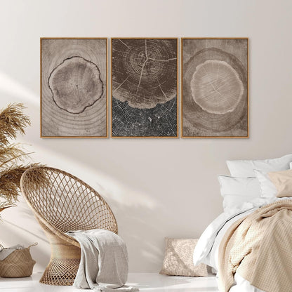 SIGNINART Beige Tree Ring Framed Canvas Wall Art Set, Abstract Black and White Rustic Wood Wall