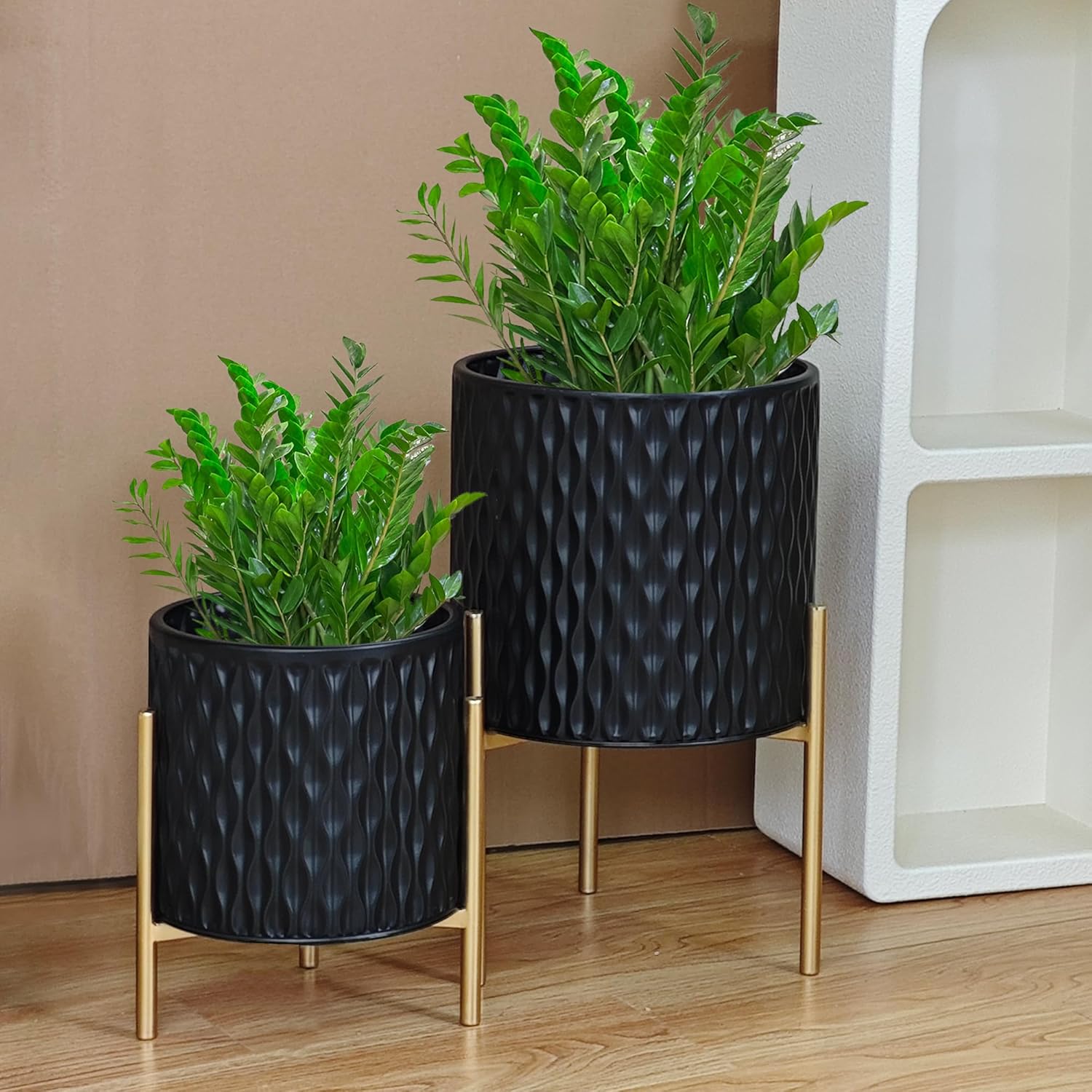 ARNIS Plants Pots with Stand, Set of 2 Planters, Unique Mid Century Decorative Metal Flower Pots
