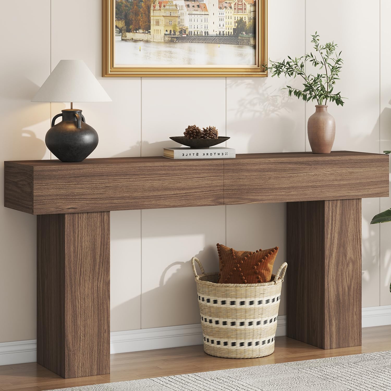 63 Inch Long Console Table for Entryway, Farmhouse Wood Rectangular Sofa Table Behind Couch Table