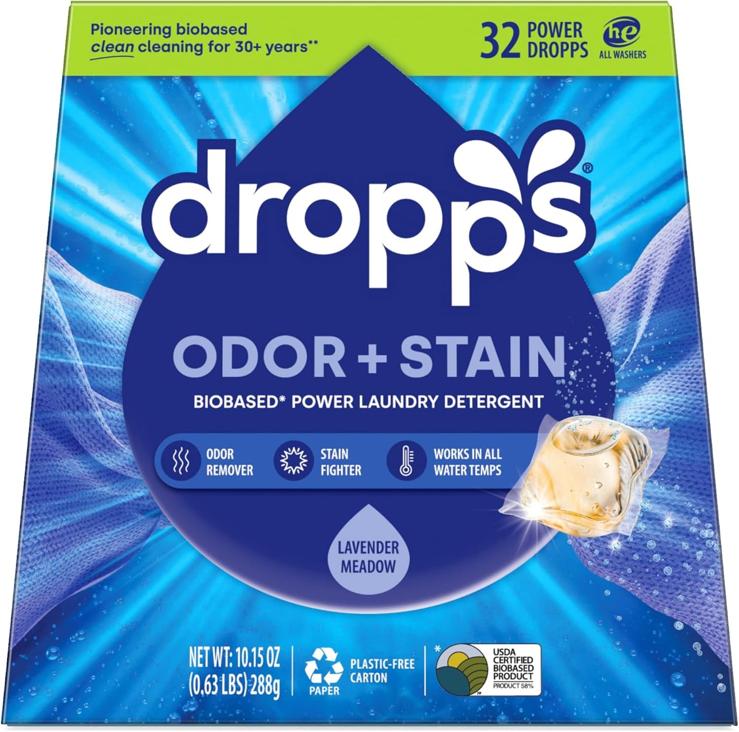 Dropps Odor & Stain Biobased Power Laundry Detergent Pods, Lavender Meadow (32 Count) - HE