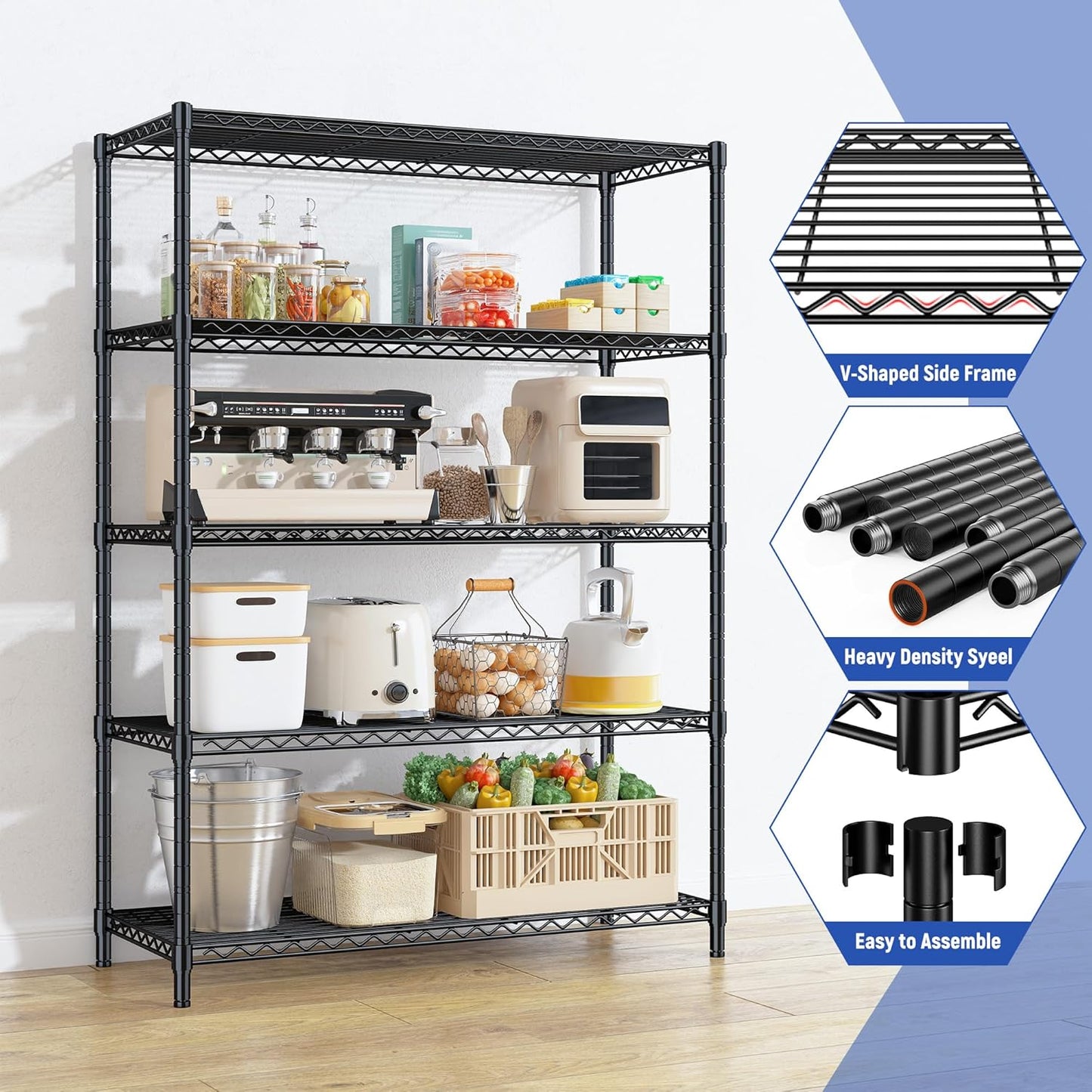 5 Tier Storage Shelves 71"H Wire Shelving Adjustable Metal Shelving,1000LBS Pantry Shelves Sturdy