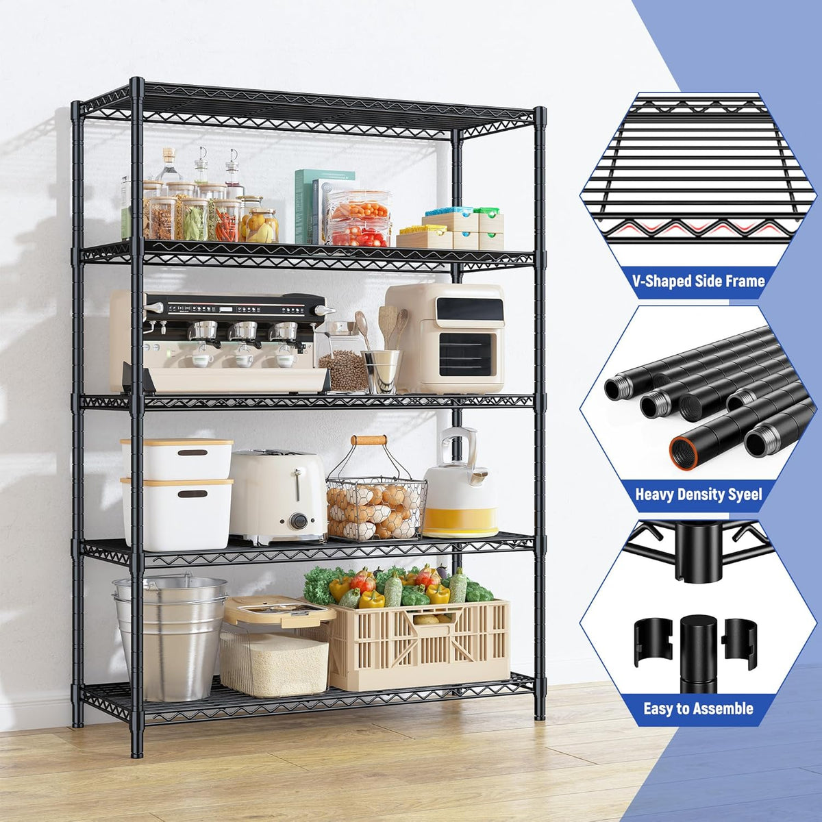 5 Tier Storage Shelves 71"H Wire Shelving Adjustable Metal Shelving,1000LBS Pantry Shelves Sturdy