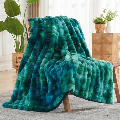 NEWCOSPLAY Faux Fur Throw Blanket Tie-dye Dark Teal Luxury Fluffy Thick Warm Bubble Blanket for