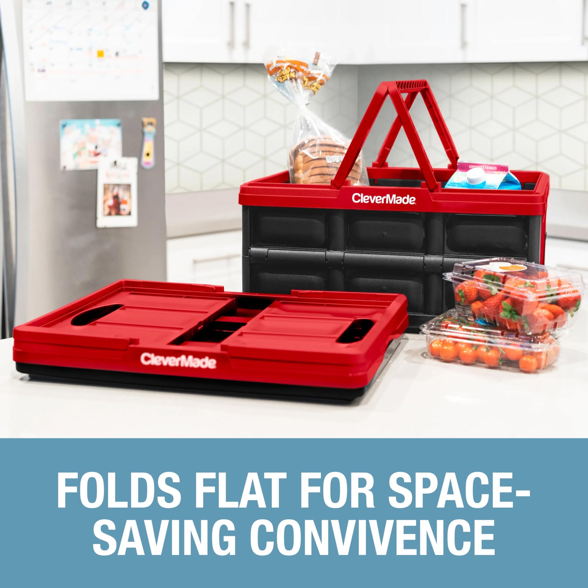 CleverMade Collapsible Shopping Basket, 32L Storage Crate, 1 Pack, Red