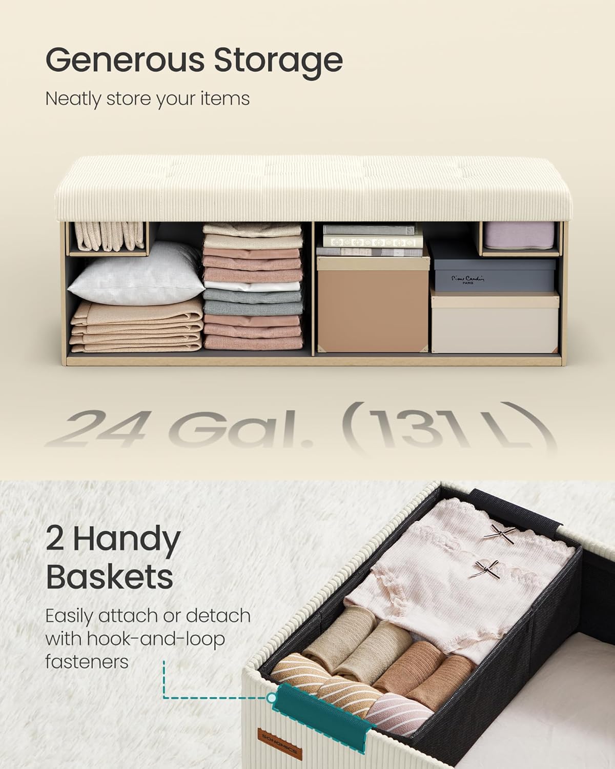 SONGMICS MAZIE Collection - Storage Ottoman Bench, Foldable Foot Rest, 15 x 43 x 15 Inches, End of