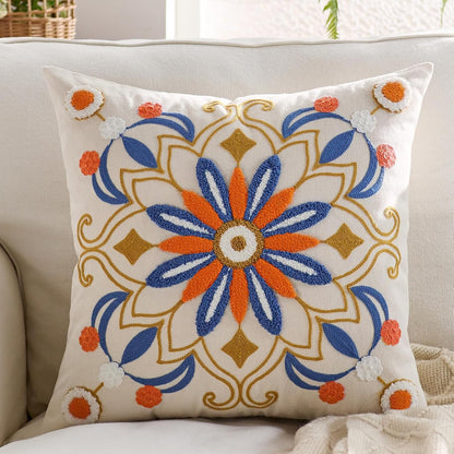 Embroidered Throw Pillow Cover 18x18 Classic Boho Floral Pattern Pillows Cover Outdoor Decorative
