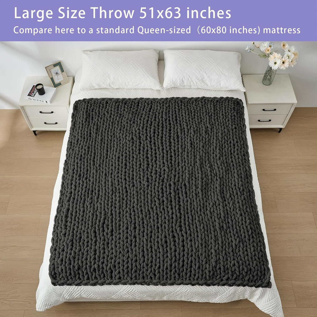 Bigacogo Chunky Knit Throw Blanket for Couch, 51x63 inches, 100% Hand Knitted with Thick Jumbo
