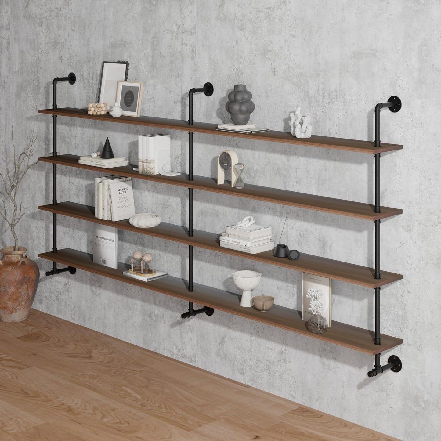 Industrial Pipe Wall Shelves Pipe Shelving with Real Wood Plank,60 Inches Floating Shelves for Wall