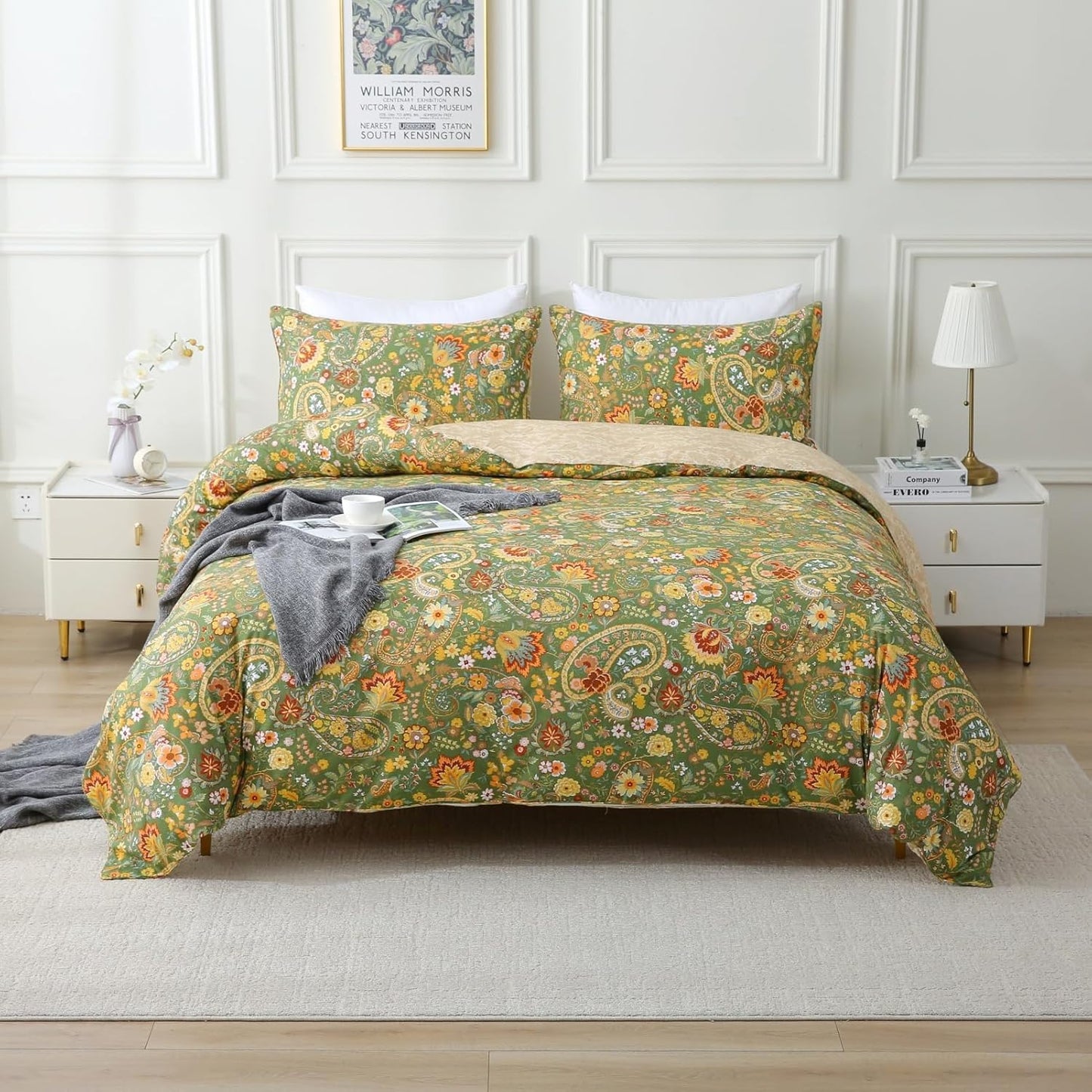 ABREEZE Paisley Bedding Sets 3Pcs Brushed Cotton Duvet Cover Set Queen Size Rustic Damask Green