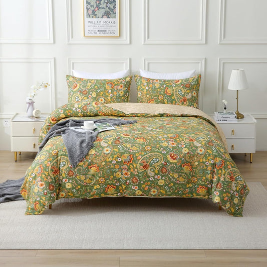 ABREEZE Paisley Bedding Sets 3Pcs Brushed Cotton Duvet Cover Set Queen Size Rustic Damask Green