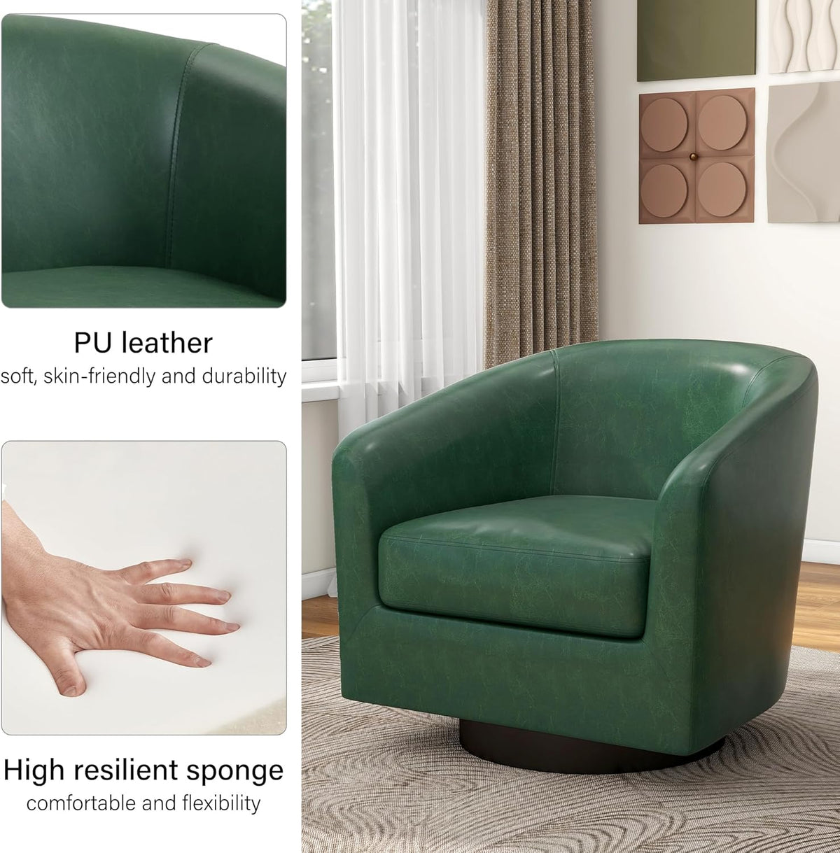 Swivel Barrel Accent Chair, Modern Round Faux Leather Arm Chair for Living Room, Bedroom, Comfy