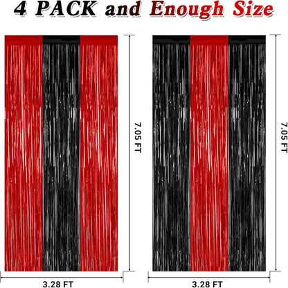 4 Pack Halloween Wall Backdrop, 3.28 FT x 7.05 FT Red and Black Party Streamer, Metallic Tinsel