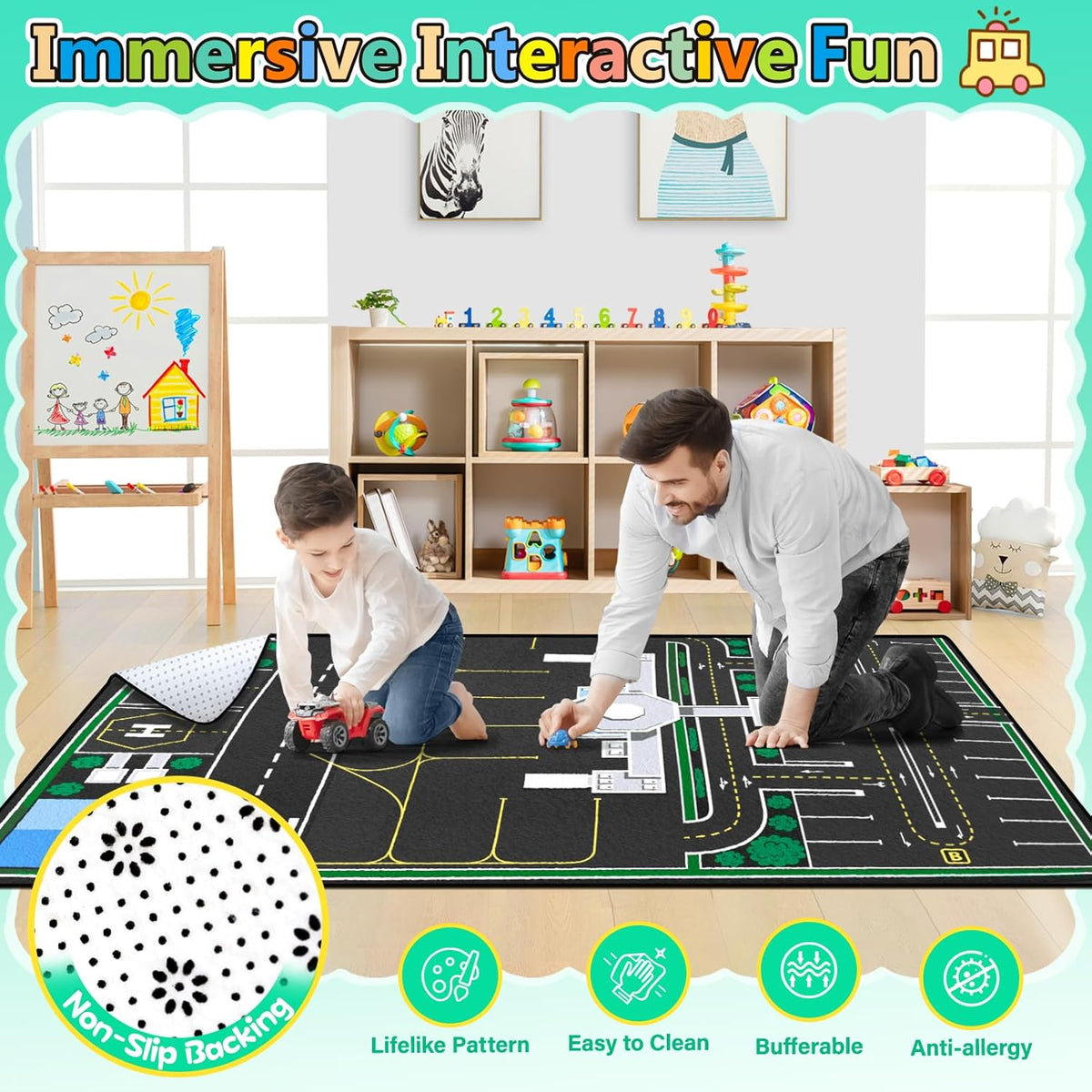 Kids Rug, Road Carpet for Kids with Combined City Road Traffic System, Car Rug and Airport Play