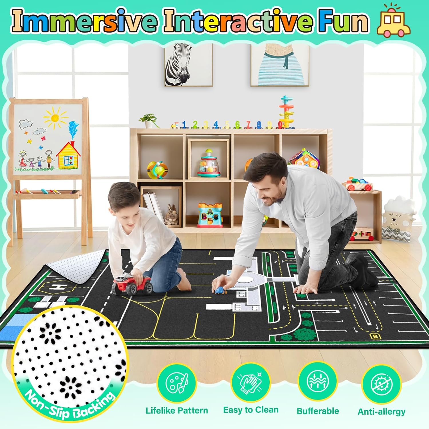 Kids Rug, Road Carpet for Kids with Combined City Road Traffic System, Car Rug and Airport Play