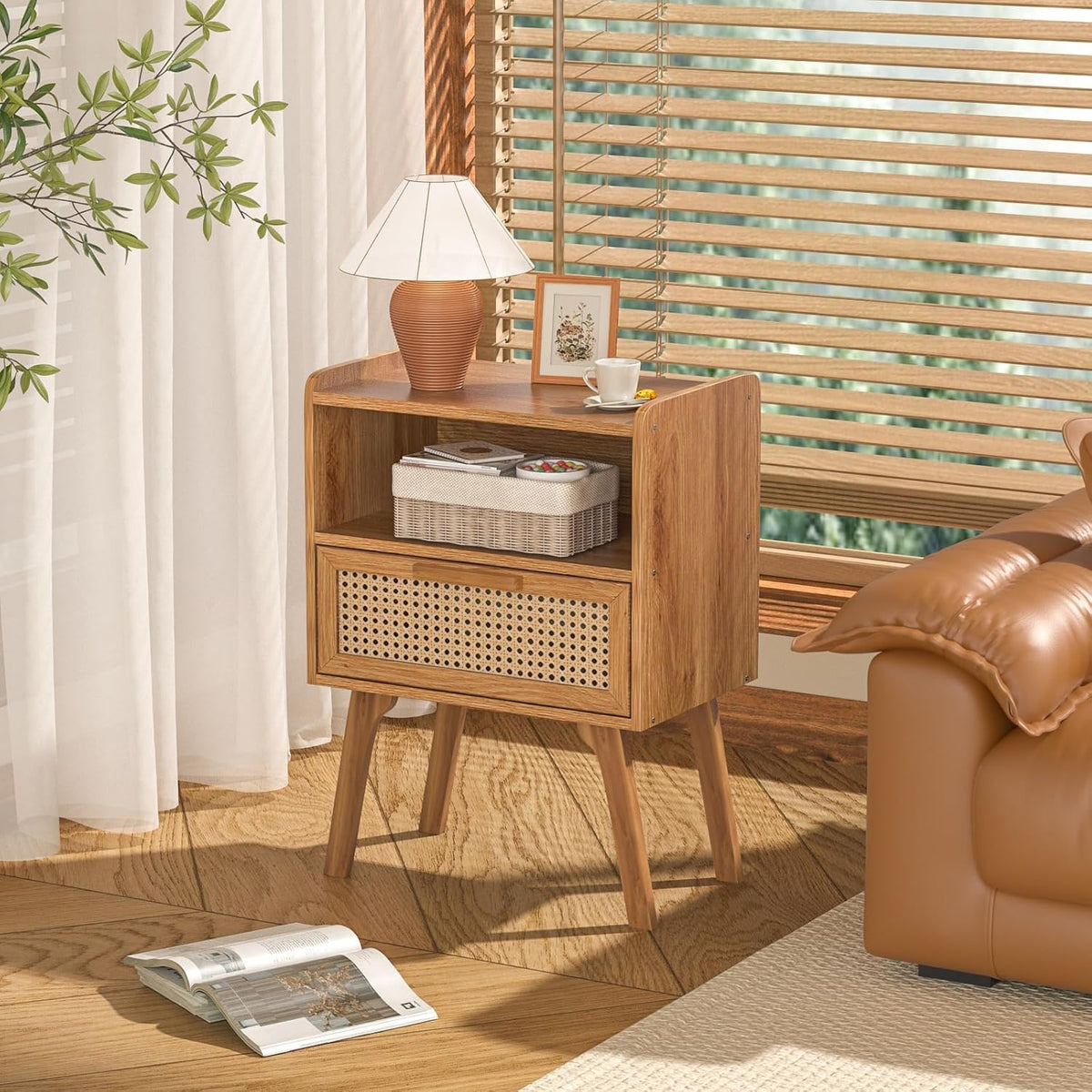 Lerliuo Rattan Nightstand, Side Table with Drawer Open Shelf, Cane Accent Bedside End Table with