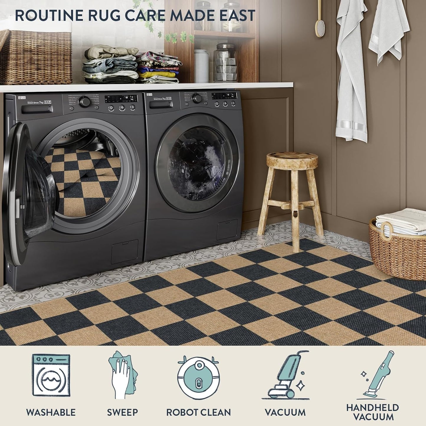 Lahome Checkered Easy Jute Runner Rug, 2x8 Kitchen Rug Non Slip Washable Outdoor Runner for