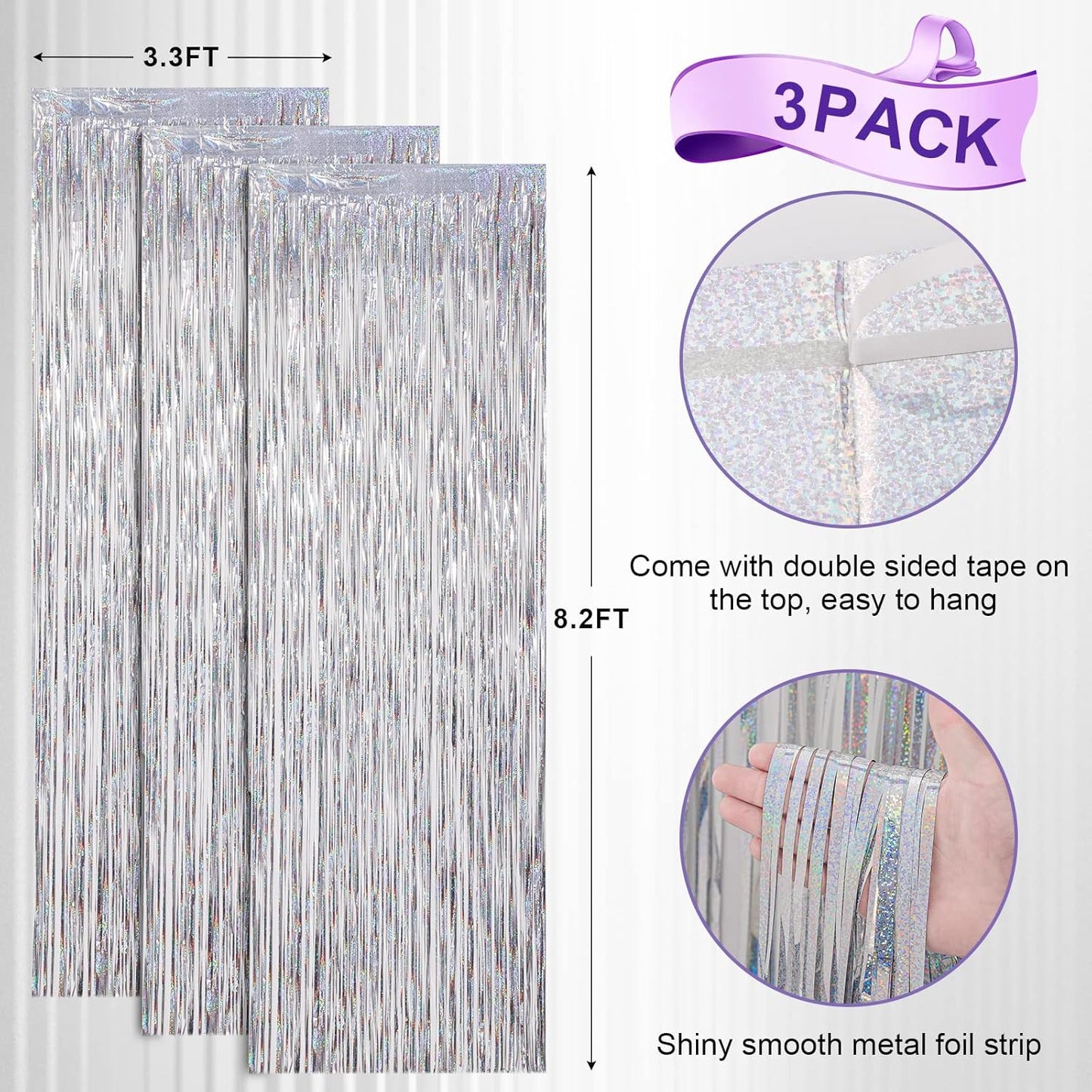 3 Pack 3.3x8.2 Feet Laser Silver Foil Fringe Backdrop Curtains, Tinsel Streamers Birthday Party