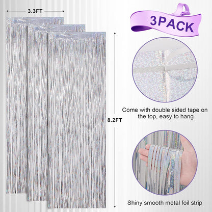 3 Pack 3.3x8.2 Feet Laser Silver Foil Fringe Backdrop Curtains, Tinsel Streamers Birthday Party
