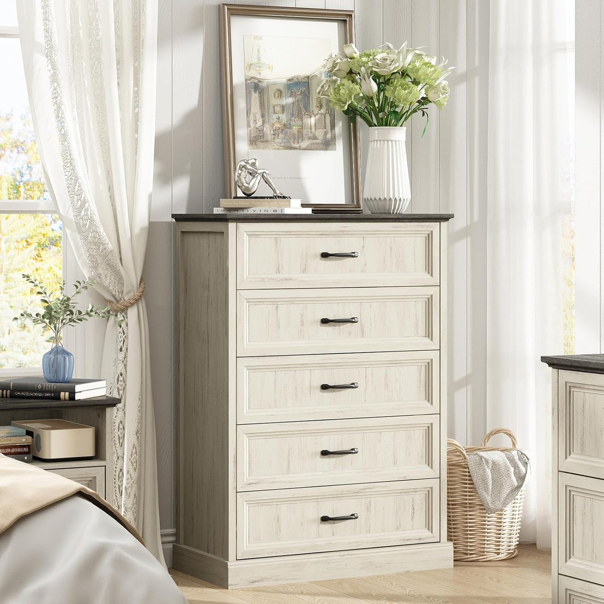 Farmhouse 5 Drawers Dresser for Bedroom, 44" Tall White Dresser Wood Rustic Chest of Drawers with