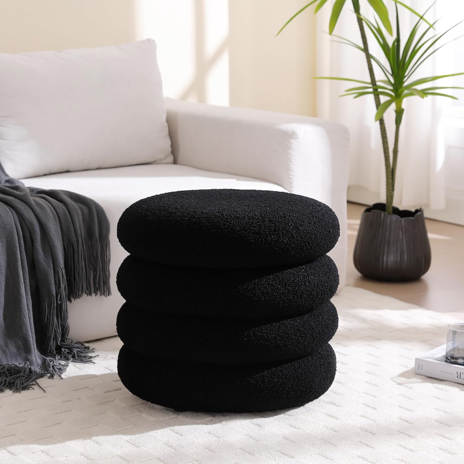 ONEVOG Sherpa Storage Ottoman, Foot Rest Stool Seat for Living Room, Black Vanity Foot Pouf, Tufted