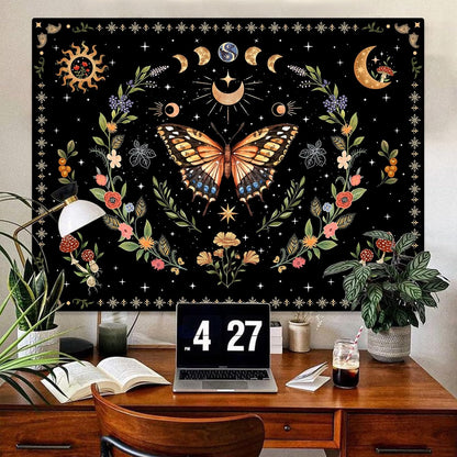 Lunerfex Boho Butterfly Tapestry Flower Moon Wall Tapestry, Moon Phases Tapestries for Bedroom Cute