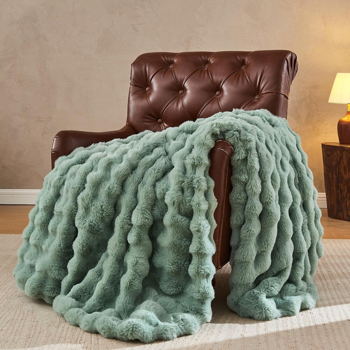 Lotus Karen Faux Fur Throw Blanket Sage Green - Big Bubble Rabbit Fluff Blanket for Couch Bed