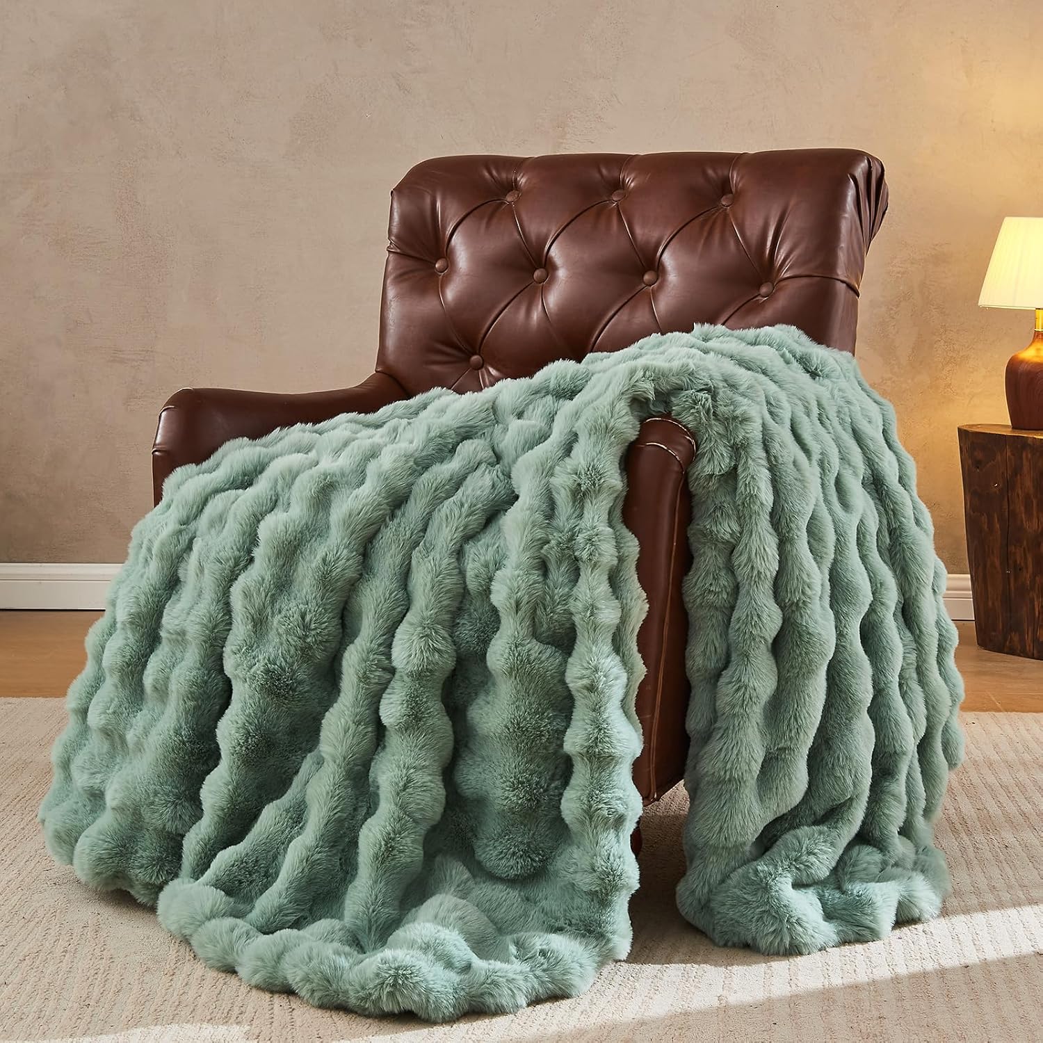 Lotus Karen Faux Fur Throw Blanket Sage Green - Big Bubble Rabbit Fluff Blanket for Couch Bed