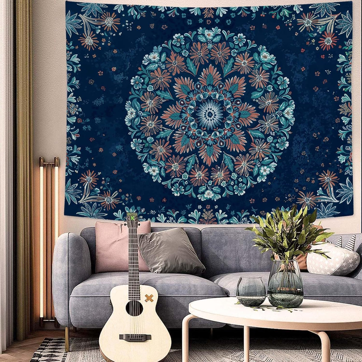 Fowocu Boho Floral Mandala Tapestry Wall Hanging Blue Bohemian Flower Medallion Tapestry Aesthetic