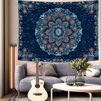 Fowocu Boho Floral Mandala Tapestry Wall Hanging Blue Bohemian Flower Medallion Tapestry Aesthetic