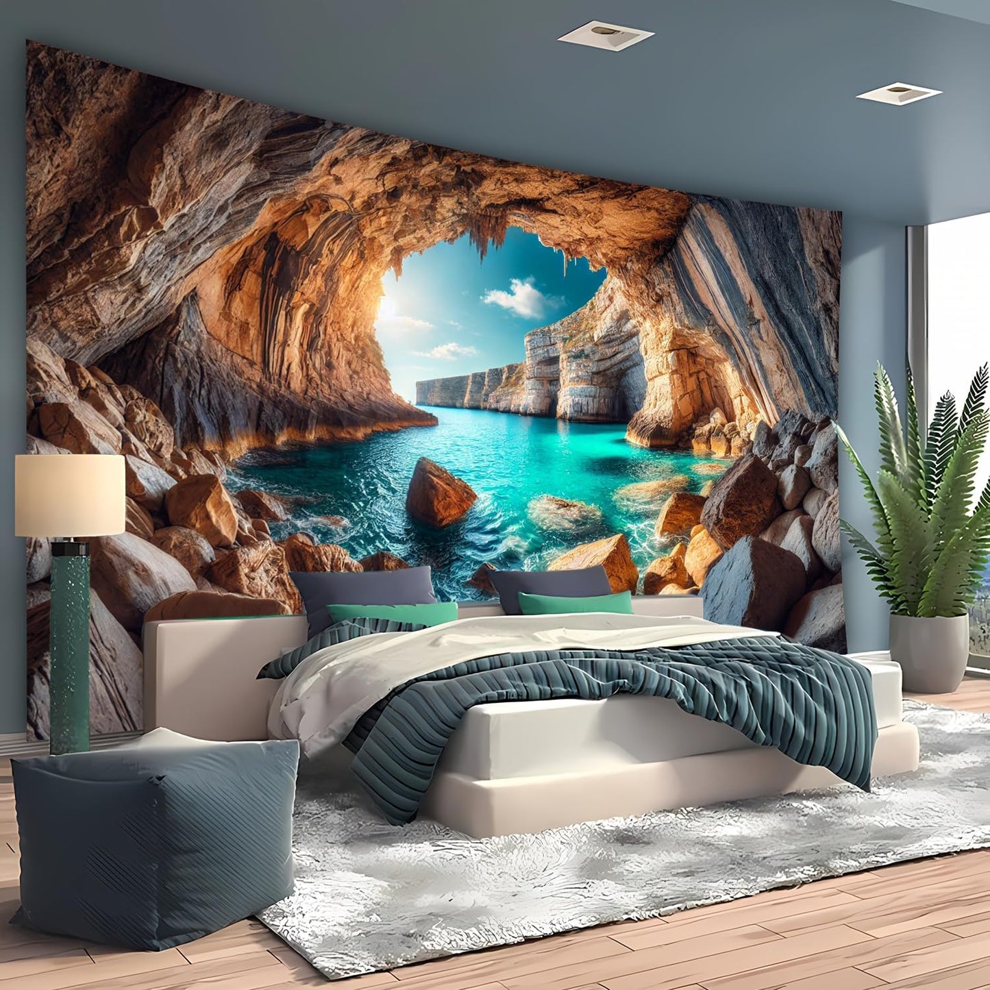 BSFHH Nature Tapestry Forest Tree Sea Cave Wall Hanging, Stream Through Rainforest Landscape Wall