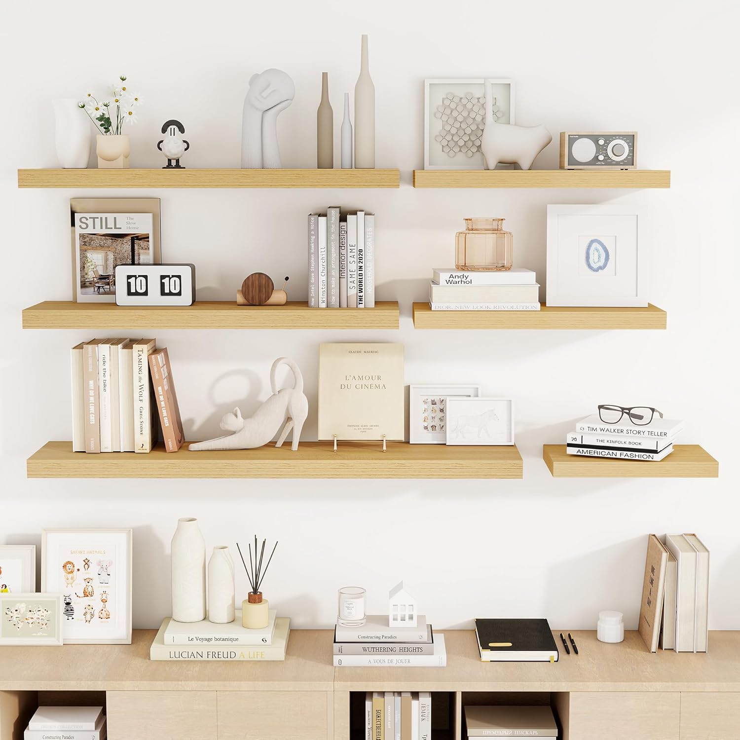 55 Inch Floating Shelves, 3D Textured Wood Grain, 55"x9.25"x1.5" Inch Deep Floating Shelves for