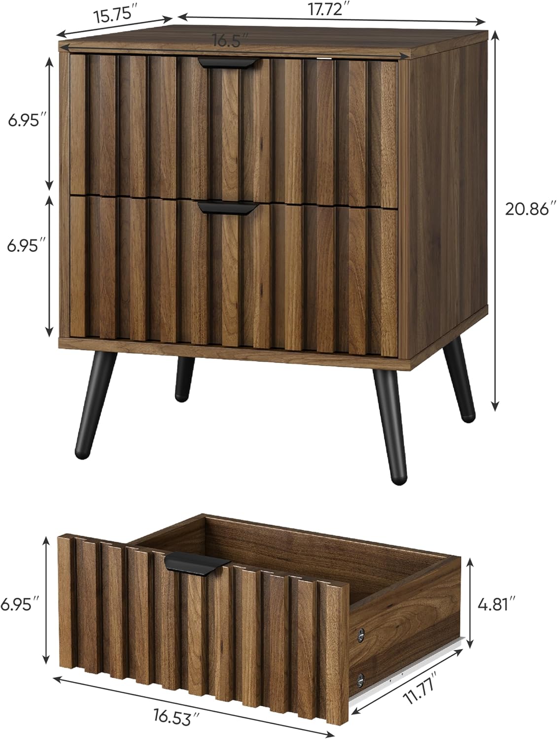 Smuxee Walnut Wooden Night Stand, Mid Century Nightstand with 2 Fluted Drawers, Bedside Table with