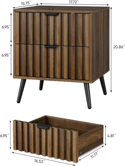 Smuxee Walnut Wooden Night Stand, Mid Century Nightstand with 2 Fluted Drawers, Bedside Table with