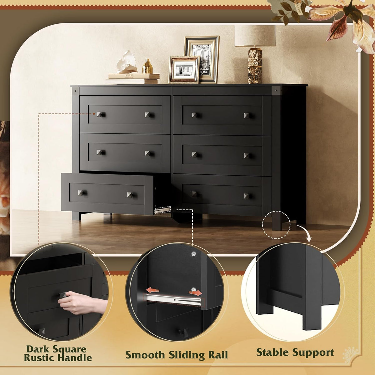 WLIVE Farmhouse Black Dresser for Bedroom, 53.07'' Wide 6 Drawer Wood Dresser, Chest of Drawers