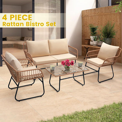 Kromax 4 Piece Patio Bistro Outdoor Furniture Set, Wicker Sofa, 2 Rattan Chairs, and Table