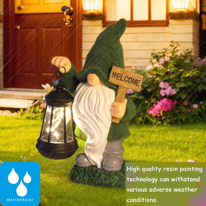 Garden Gnome Statue Solar Light Outdoor Decorations Figurine Welcome Sign with Lantern Sculpture