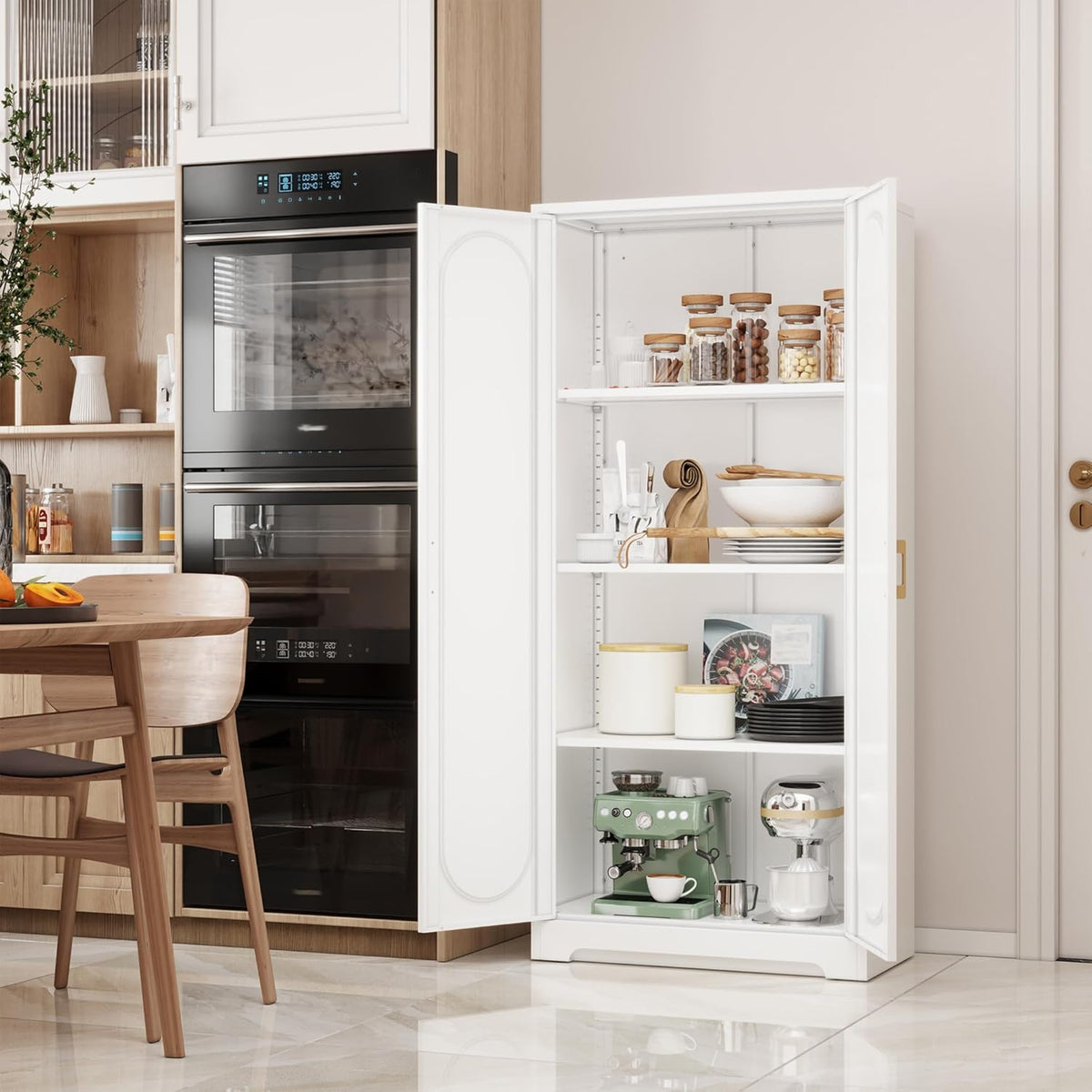 Kitchen Pantry Cabinet,60”Metal White Storage Cabinets with Doors and Shelves,Tall Cabinet with 2