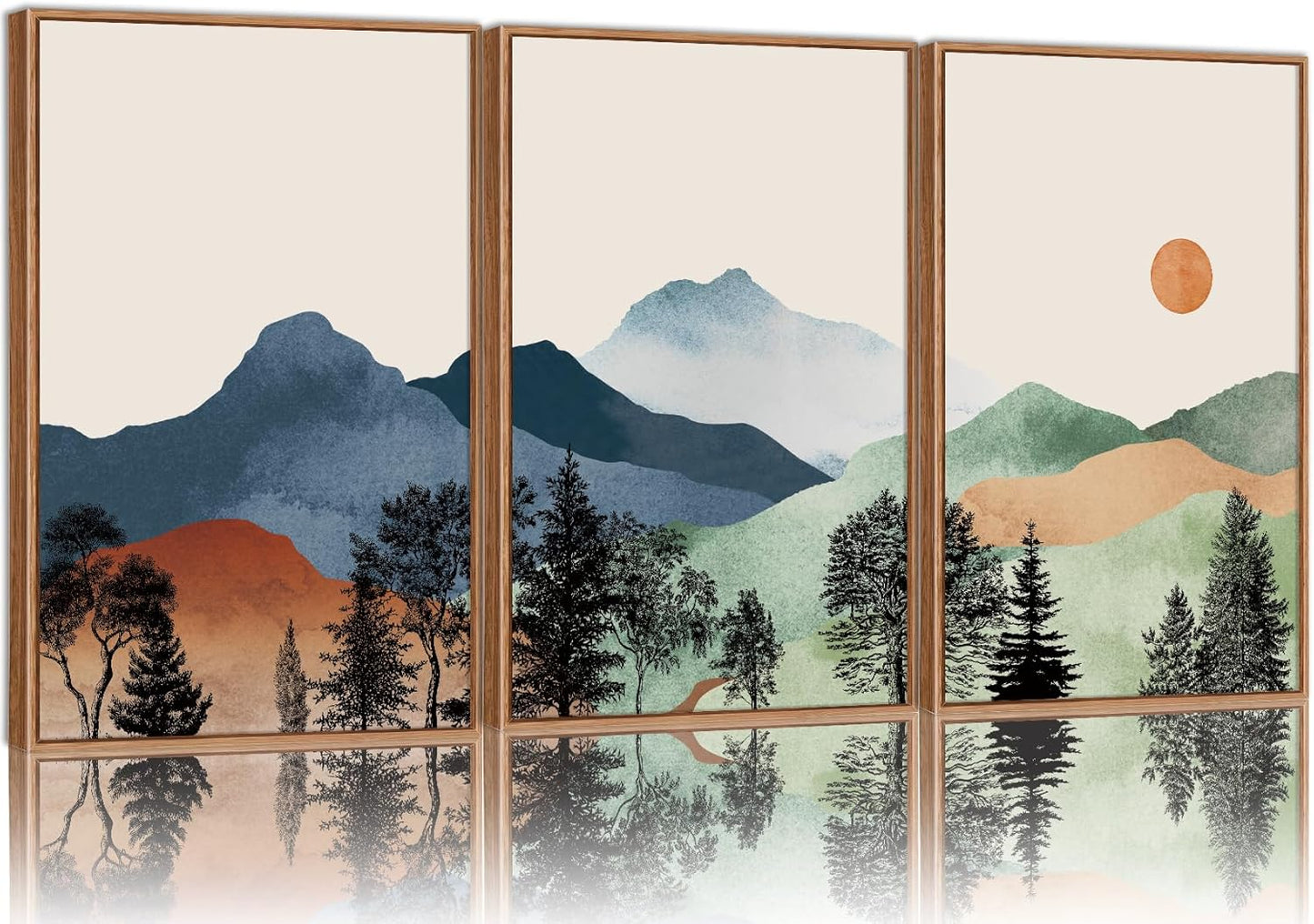 SIGNINART Boho Mountain Framed Canvas Wall Art Set of 3, Watercolor Nature Landscape Set Art