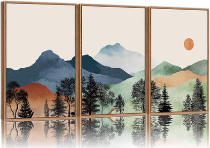 SIGNINART Boho Mountain Framed Canvas Wall Art Set of 3, Watercolor Nature Landscape Set Art