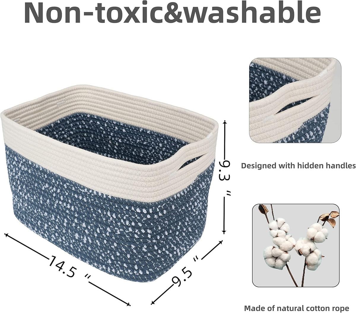White and Blue Cotton Rope storage Basket Bins Woven Basket for Organizing Shelves 14.5X9.5X9.3“